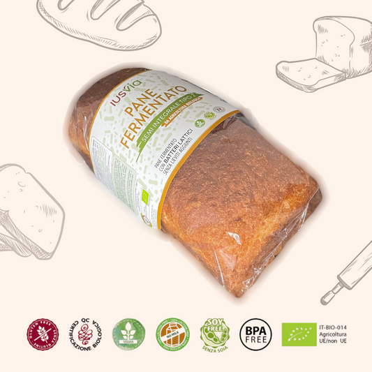 Foto prodotto Pane Fermentato Semi Integrale Tipo 2 da Agricoltura Biologica. Sullo sfondo ci sono delle illustrazione di pane, pane a fette, fette di pane e mattarello. Inoltre vediamo riportati i loghi, Gluten Free, Certificazione Biologica, Senza Latte, Vegano, Soy Free, BPA Free, IT-BIO-014 Agricoltura UE/non UE.